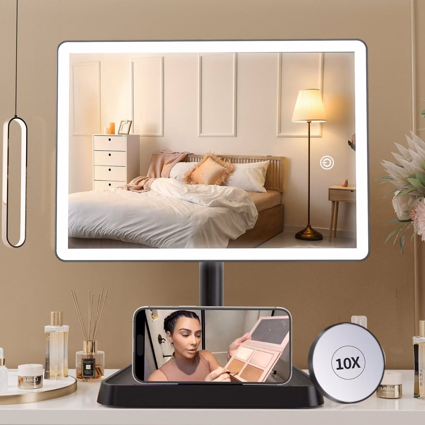 Specchio da trucco con luci LED, 96 LED, ingrandimento 10x, rotazione a 360°, batteria da 2000 mAh