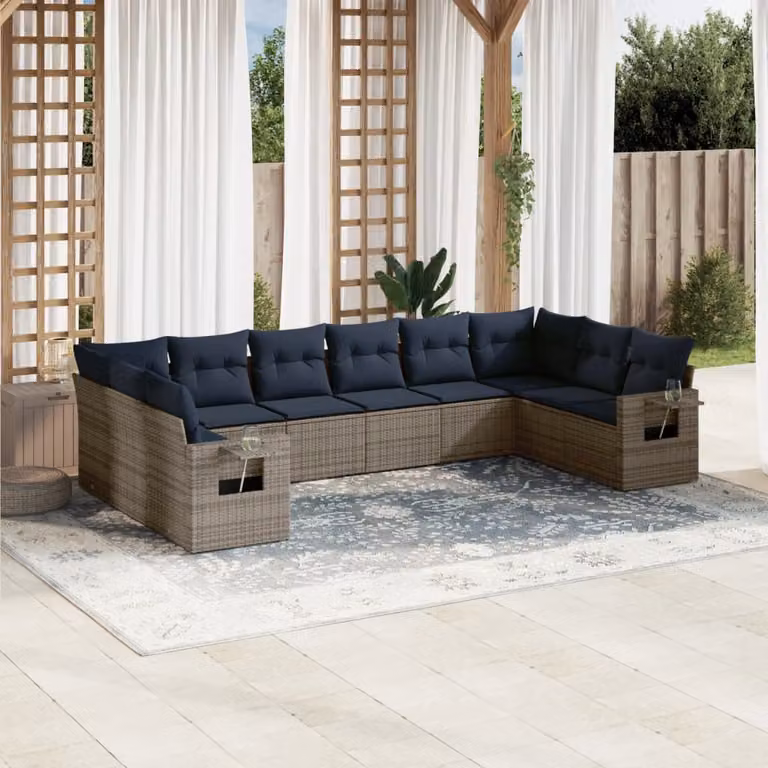 Set di divani da giardino vidaXL in polyrattan grigio con cuscini e struttura in metallo per esterno