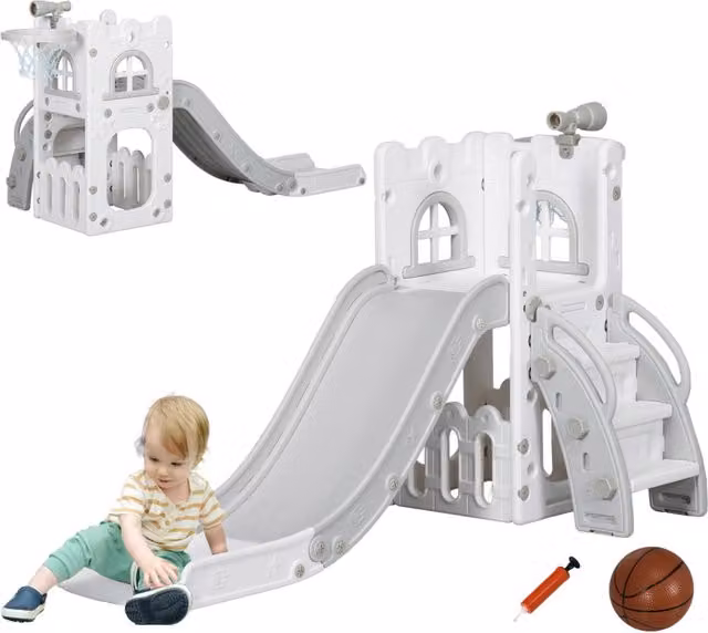 Scivolo per bambini 5 in 1 Xylo con canestro e struttura di arrampicata telescopica, Grigio e Bianco, L: 70 cm, P: 70 cm, H: 92 cm