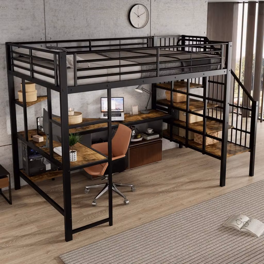 Letto a castello REDOM con scrivania e porta di ricarica USB, Nero e Noce scuro, L/P/H: 200 x 120 x 170 cm – 2