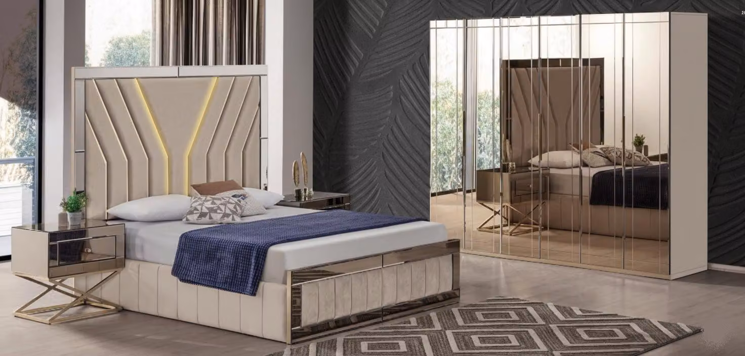 Set esclusivo per la camera da letto: letto imbottito, armadio, comò