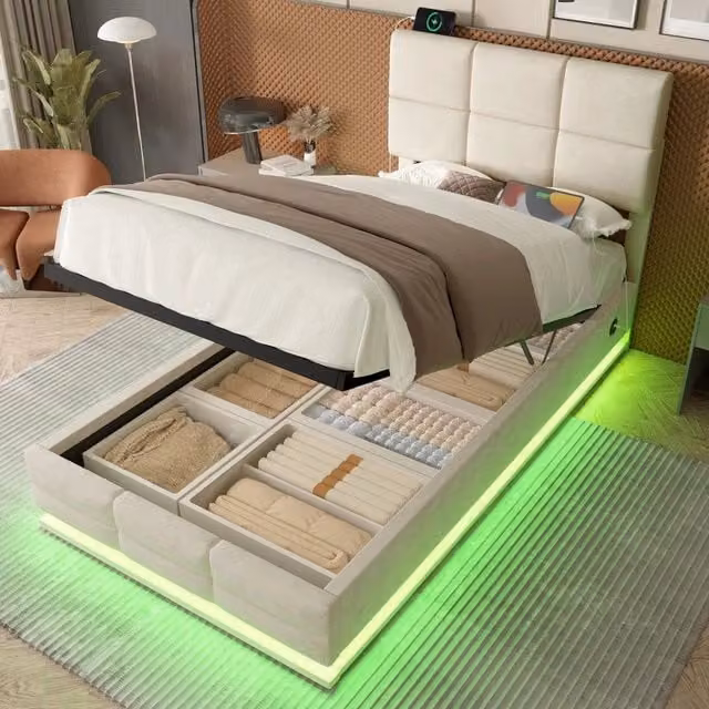 Letto imbottito contenitore con testiera LED ¨C Minimal ¨C velluto beige 90x200cm idraulico