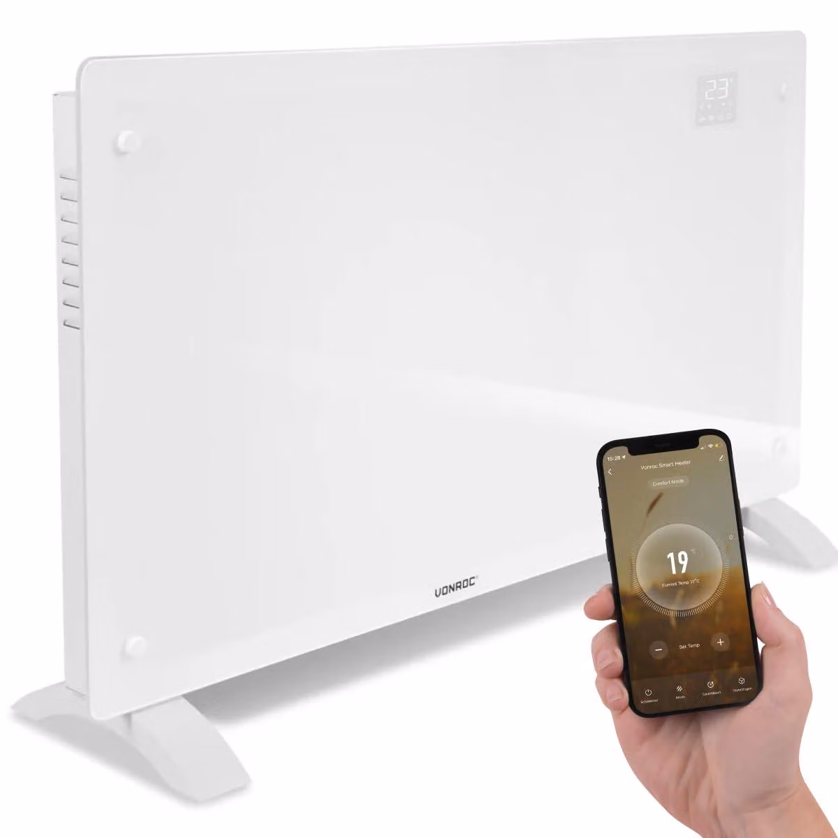 Stufa elettrica a convezione, pannello in vetro bianco, 2500 W - Controllo tramite app Wi-Fi - Autoportante - Per uso interno