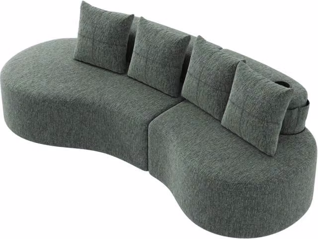 Divano in lino verde con 4 cuscini, schiuma ad alta densità e supporto a molle, porta bicchieri e tasca laterale, 240x109x60 cm