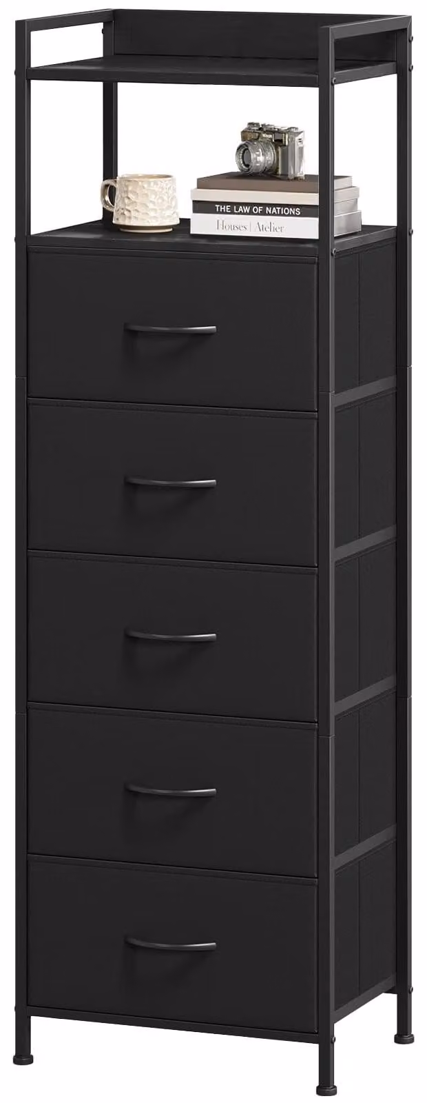 Cassettiera con 5 cassetti in tessuto - Comò nero - 29 x 38,7 x 107 cm - Struttura in acciaio - Mobile contenitore