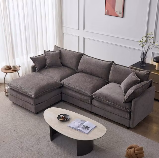 Divano angolare modulare 3 posti in ciniglia grigio con pouf HOMVRA
