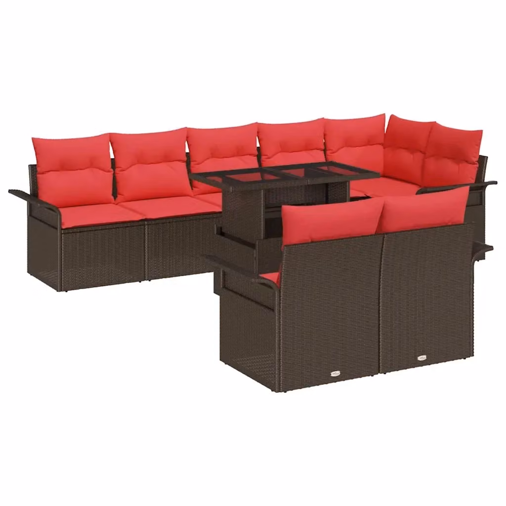 Set Divano da Giardino vidaXL 9 Pezzi per 8 Persone con Tavolino, Pouf e Cuscini, Colore Marrone e Rosso, Struttura in Acciaio Verniciato a Polvere e Tessuto Resistente alle Intemperie – 2