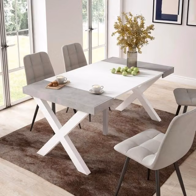 Consolle allungabile, 58 fino 160x90x73cm, Per 8 persone, Gambe in legno, Bianco e grigio cemento RF2736