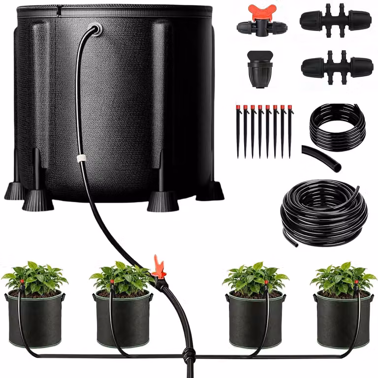 Altro equipaggiamento: sistema di irrigazione automatico, kit di irrigazione a goccia con pompa dell'acqua da 15 watt e secchio da 50 litri, 4 sacche per piante in tessuto di pile