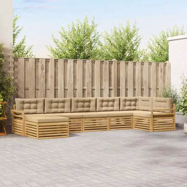 Set di divani da esterno a L vidaXL composto da 7 pezzi in legno di acacia con cuscini in tessuto bianco e beige