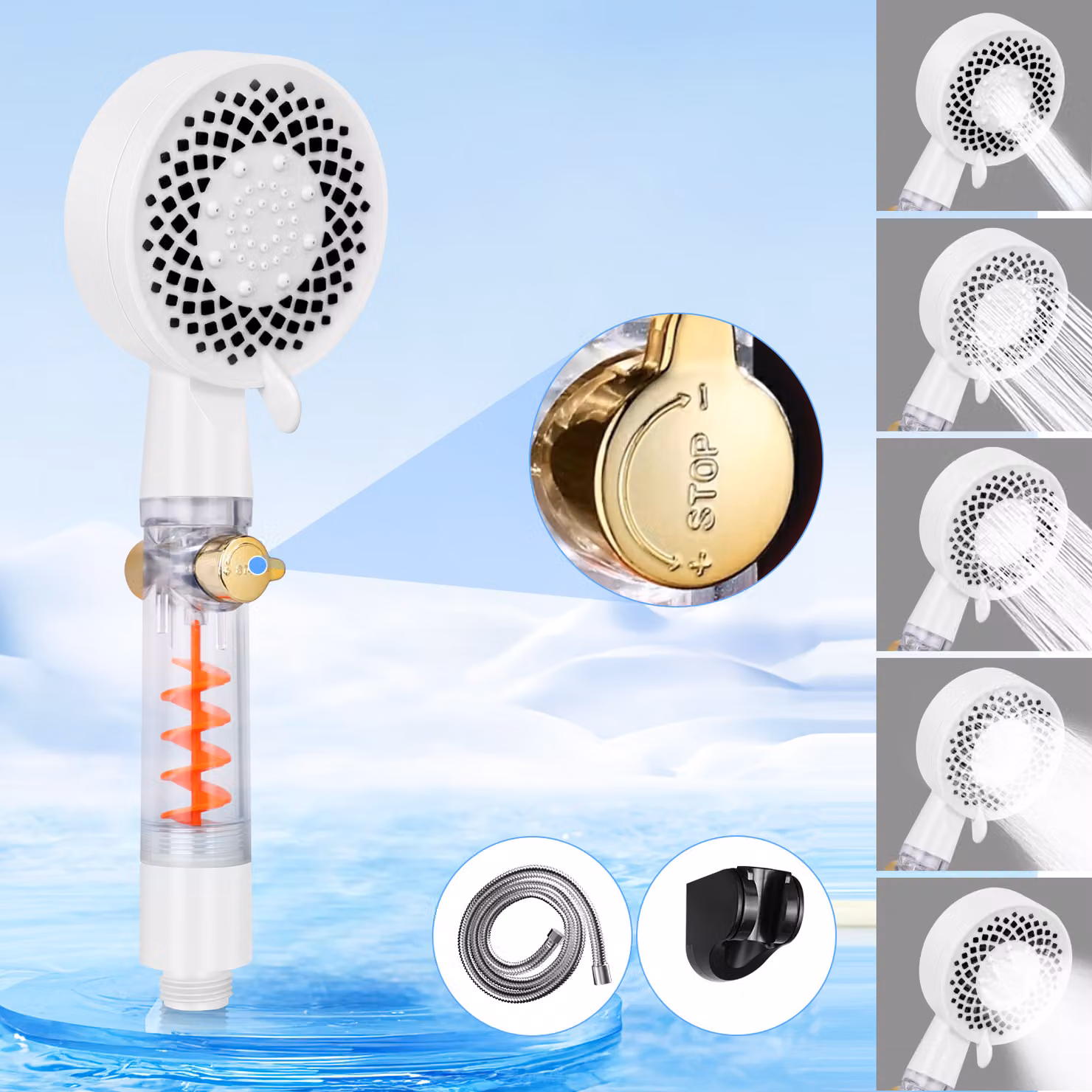 ZMH Doccia a mano con tubo flessibile da 1,5 m Soffione doccia Bianco a risparmio d'acqua con doccetta a 3 getti Supporto per soffione doccia ad alta pressione ad alta efficienza energetica