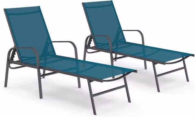 IDMarket Set di 2 lettini da giardino reclinabili FIDJI in acciaio grigio antracite e tessuto blu anatra