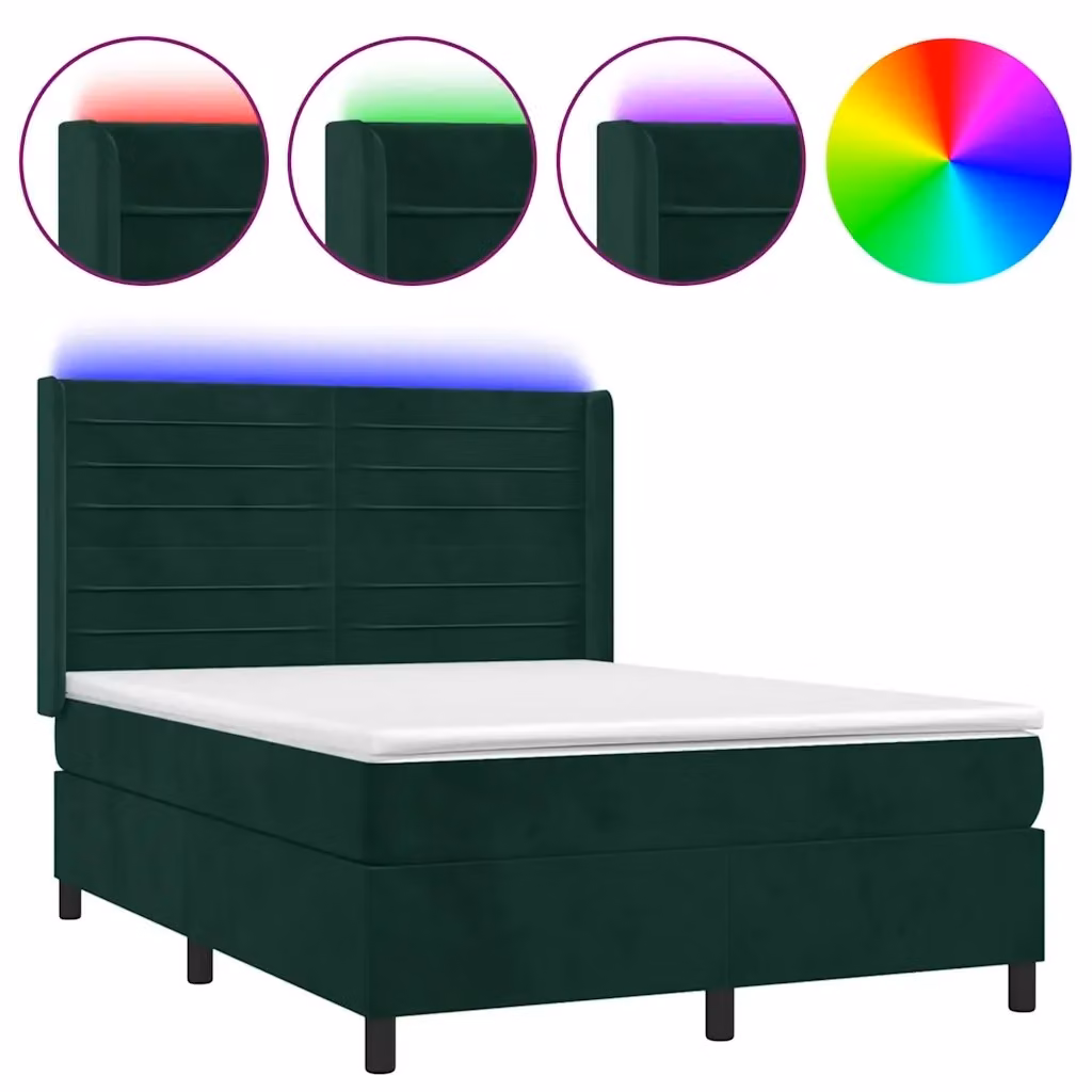Letto matrimoniale con materasso ibrido vidaXL in velluto verde scuro con illuminazione LED sottostante e porta USB, L/P/H: 203 x 147 x 128 cm – 2