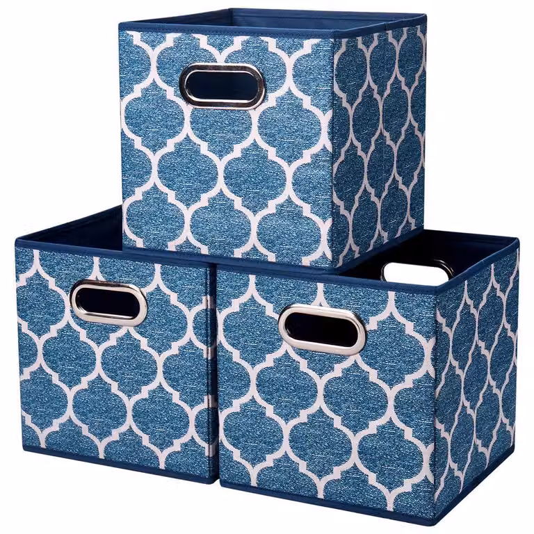Contenitori portaoggetti, 3 pezzi, blu navy, 25x25x25 cm, motivo a lanterne, per armadio