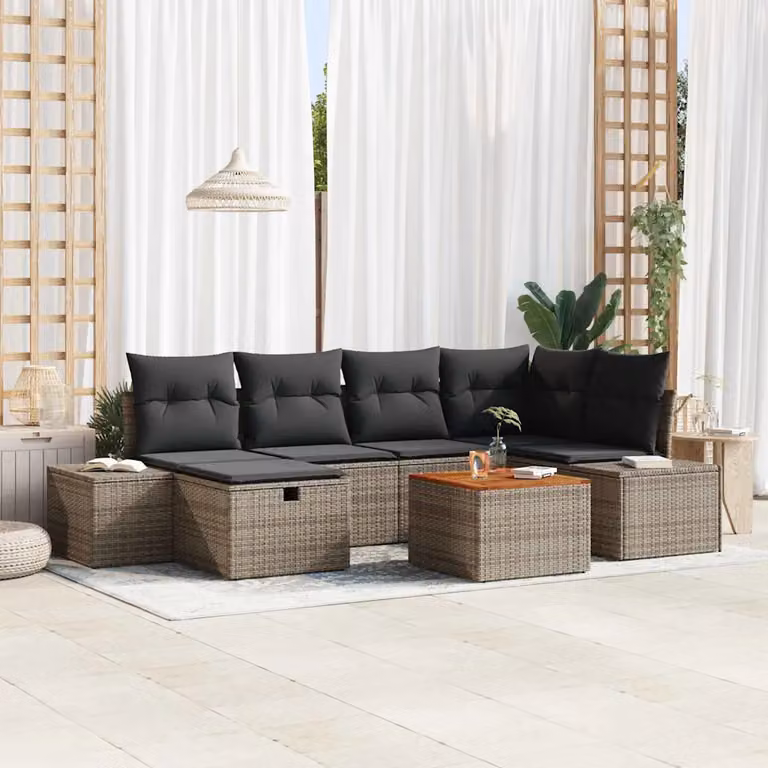 Set Divano da Giardino a L vidaXL in Rattan Grigio con 7 Pezzi e Cuscini Inclusi