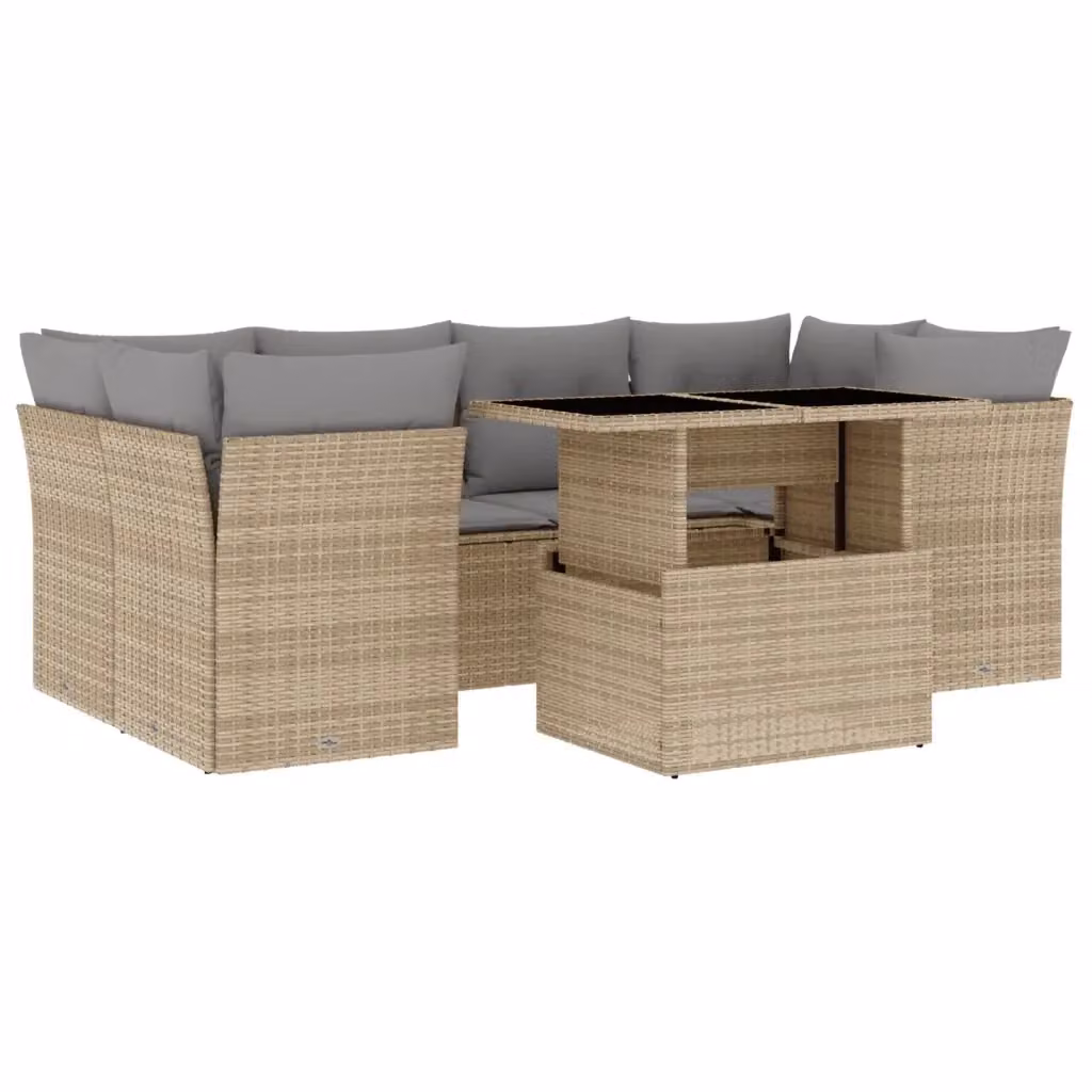 vidaXL Set Divani da Giardino 7 pz a Forma L con Cuscini Beige e Tavolino in Vetro – 2