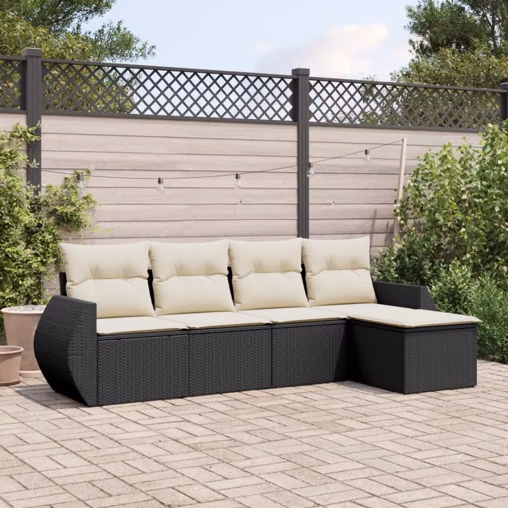 Set di Divani da Giardino vidaXL 5 pz a Forma a L con Cuscini, Polyrattan e Struttura in Acciaio Verniciato a Polvere, Nero e Bianco – 1