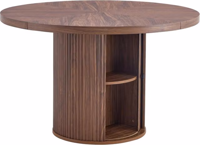 Tavolo da pranzo rotondo in MDF effetto legno con base colonna e vano portaoggetti, diametro 115 cm, per 4-6 persone, stile scandinavo moderno