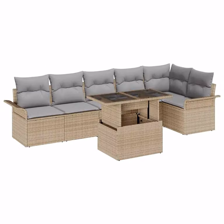 Set Divano da Giardino vidaXL 7 Pezzi in Polyrattan Beige con Cuscini e Tavolino