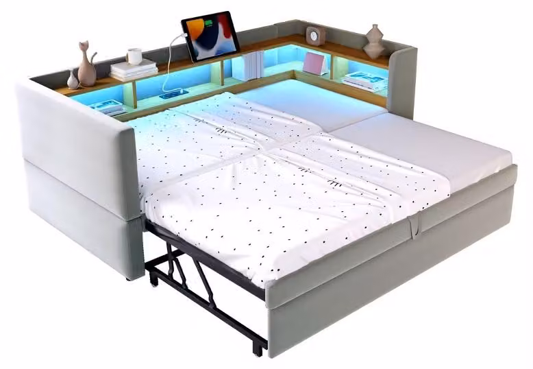 Divano letto estraibile, 90x190 cm aperto fino a 180x190 cm, con struttura imbottita color grigio chiaro, dotato di illuminazione a LED e presa di corrente, ideale per la camera da letto