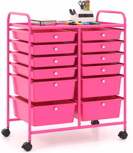 Carrello multiuso con 12 cassetti Design Mania in plastica e metallo, Rosa, L: 64 cm, P: 38 cm, H: 75 cm – 1