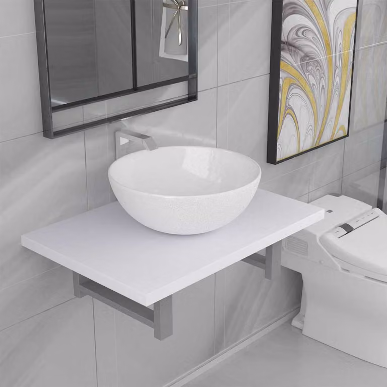 Set di mobili da bagno vidaXL in ceramica bianca lucida composto da mobile lavabo e pensile sospeso