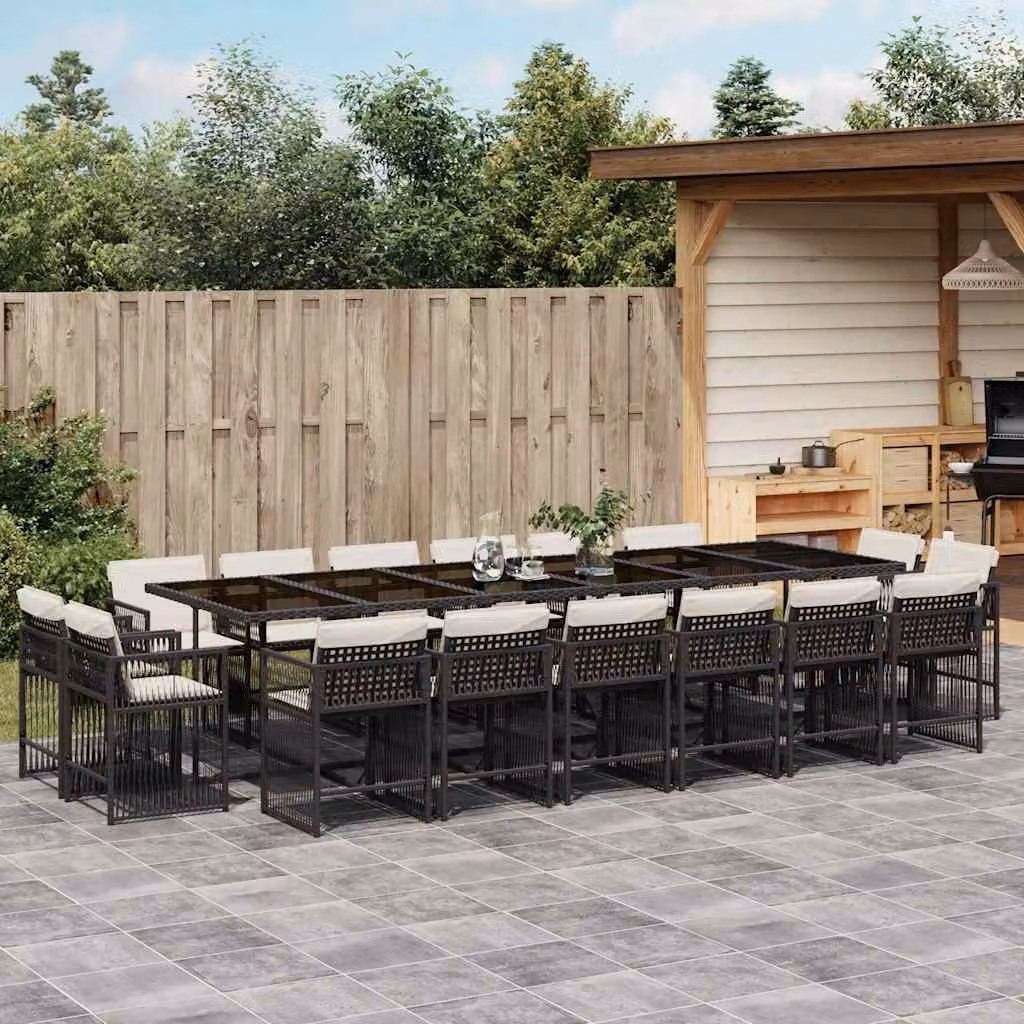 vidaXL Set da Pranzo da Giardino 17 pz in Polyrattan con Cuscini e Tavolo in Vetro Nero e Bianco – 1
