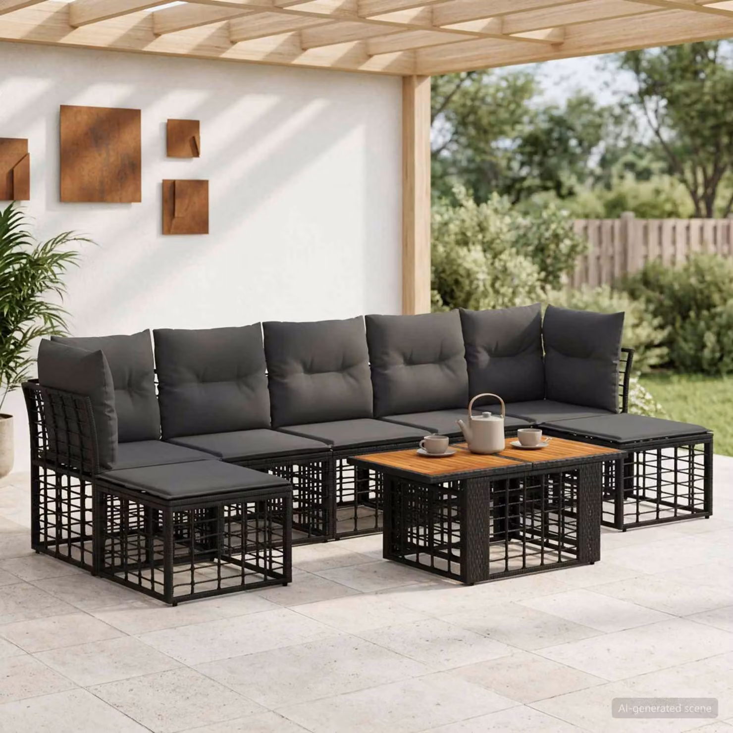 Set Divano da Giardino 8 pz vidaXL in Polyrattan Nero e Grigio con Tavolino, Ottoman e Cuscini
