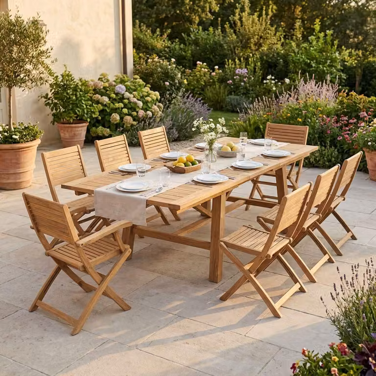 Milani Home - Set tavolo e sedie da giardino per esterno in legno resistente di teak cm 160/240x90x77 h con 8 sedute - Marrone