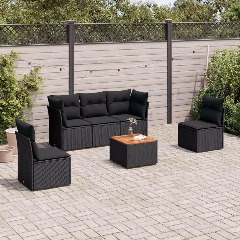 vidaXL Set Divano da Giardino a L in Polyrattan Nero con Cuscini e Tavolino da 6 Pezzi