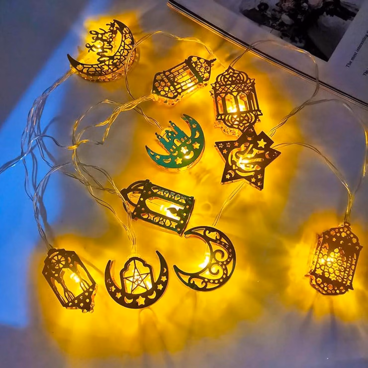 Catena luminosa per Ramadan, lunghezza 1,5 metri, 10 LED, luce bianco caldo, alimentazione a batteria