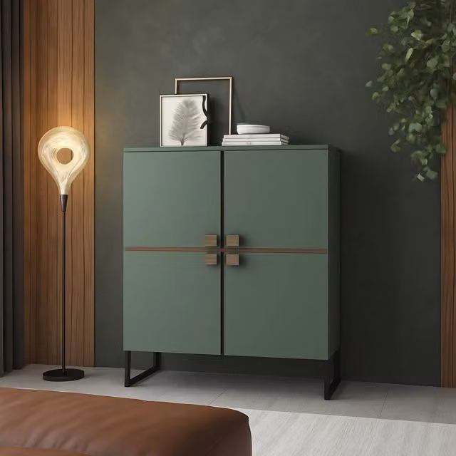 Madia Guerina DMORA con 4 ripiani e ante a battente, finitura rovere verde e marrone, L: 108 cm, P: 40 cm, H: 144 cm