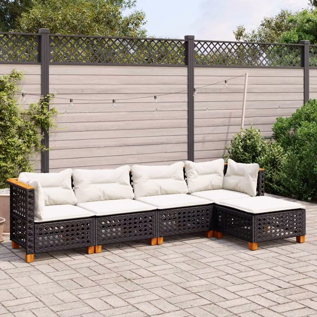 vidaXL Set Divani da Giardino 5 pz in Polyrattan Nero con Cuscini Imbottiti e Rivestimenti Rimovibili – 1