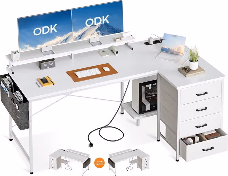 Scrivania angolare bianca con spazio di archiviazione e porta di ricarica USB, 160x80cm