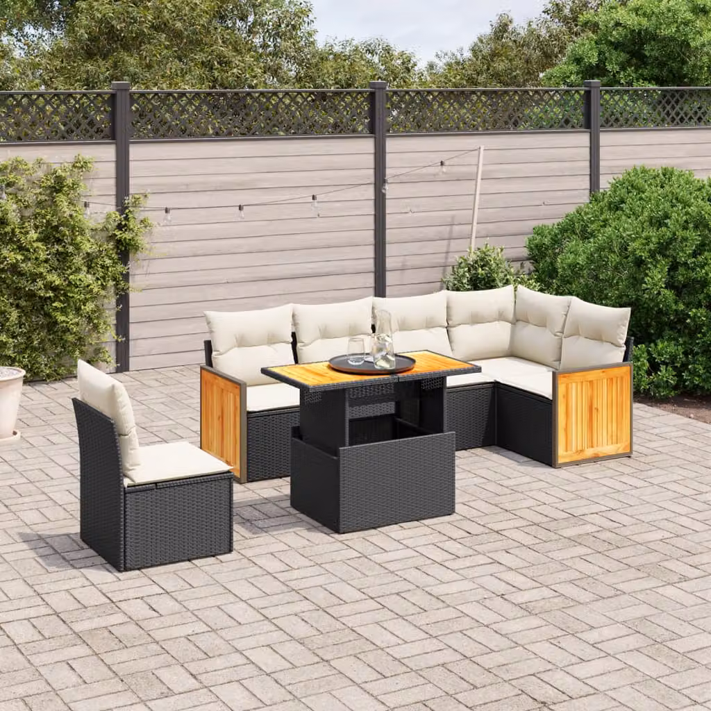 Set Divani da Giardino a L vidaXL in Polyrattan Nero con 7 Cuscini e Tavolino