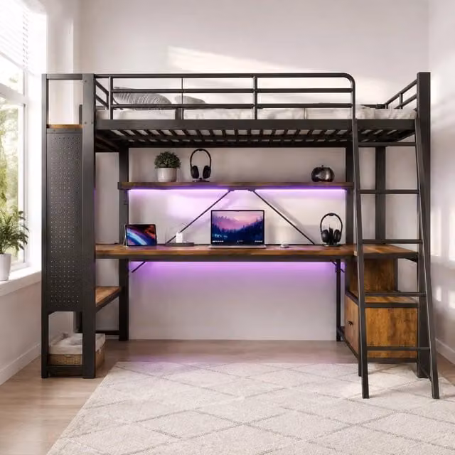 Letto a soppalco ULEVR 90x200 cm con scrivania, LED regolabile via app, USB e ripiani, nero