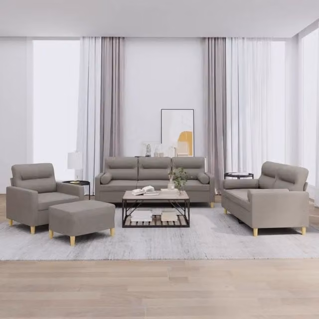 Set di Divani vidaXL 4 Pezzi in Tessuto Beige con Cuscini e Ottoman per Soggiorno Moderno – 1
