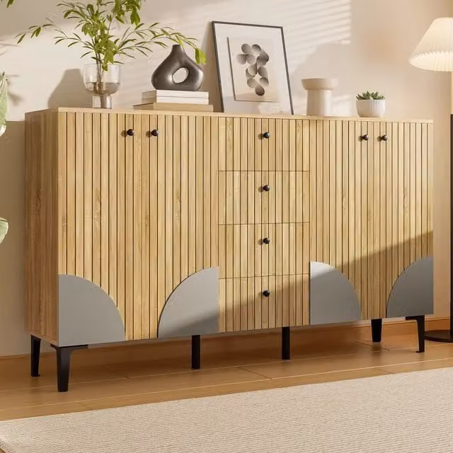 Credenza e madia OKWISH moderna in MDF effetto legno marrone con 4 ante e 4 cassetti per soggiorno e ingresso L: 160 cm, P: 36 cm, H: 94 cm