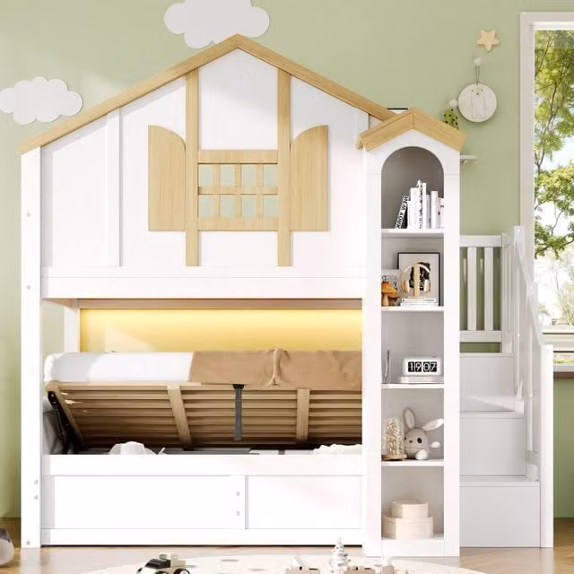Letto a castello Mivray per bambini in legno di pino bianco con scala contenitore, vano contenitore a sollevamento e illuminazione LED, L/P/H: 90 x 200 x 253 cm