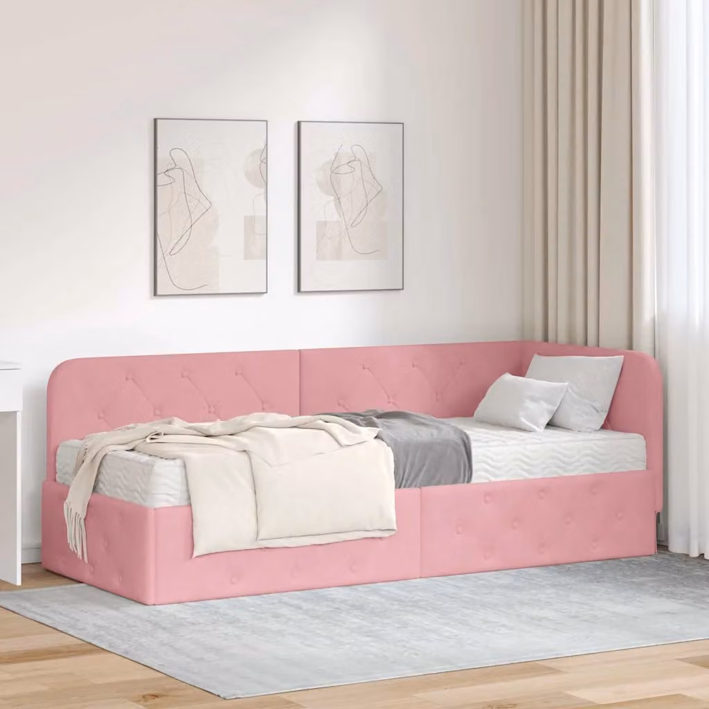 vidaXL Cornice del letto ad angolo in velluto rosa, L 200 x P 80 x H 72 cm