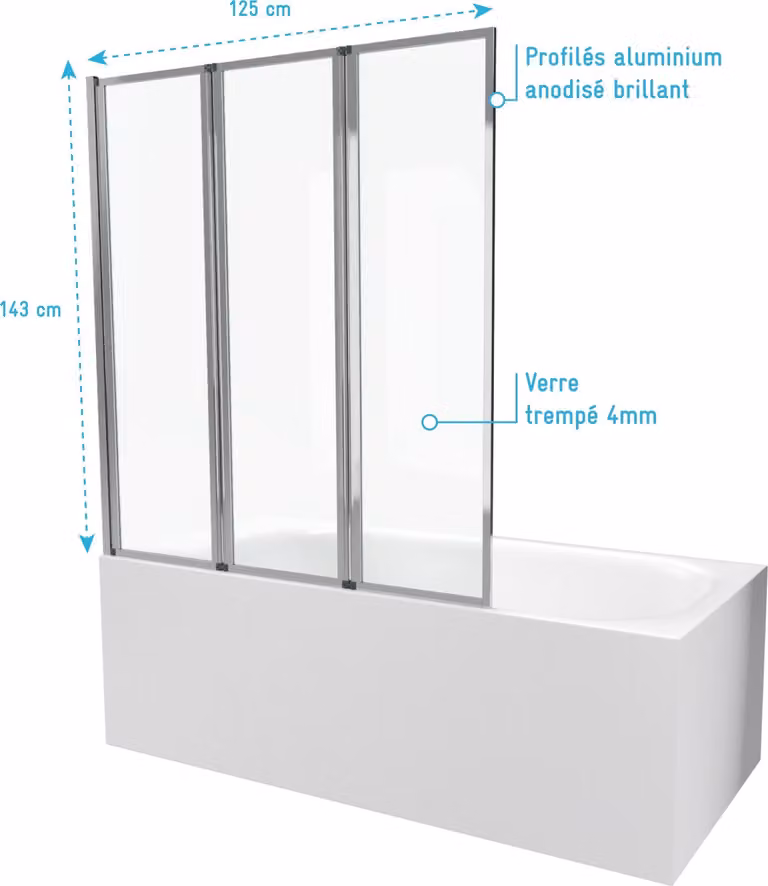 Parete doccia girevole a 3 ante cromata - 125x143 cm - Vetro temperato 4 mm - ZAGGY CHROME