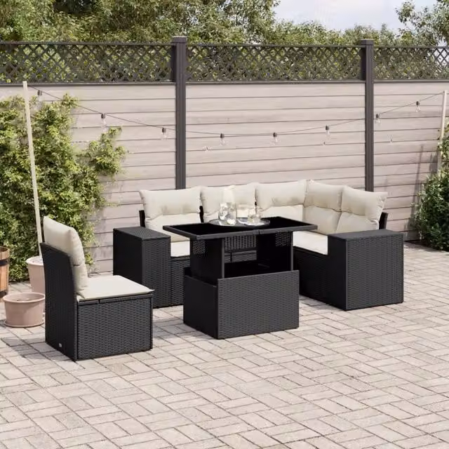 Set Divano da Giardino 6 pz con Cuscini Nero in Polyrattan 3269166