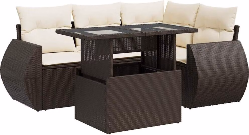 Set Divano da Giardino 5 pz con Cuscini Marrone in Polyrattan