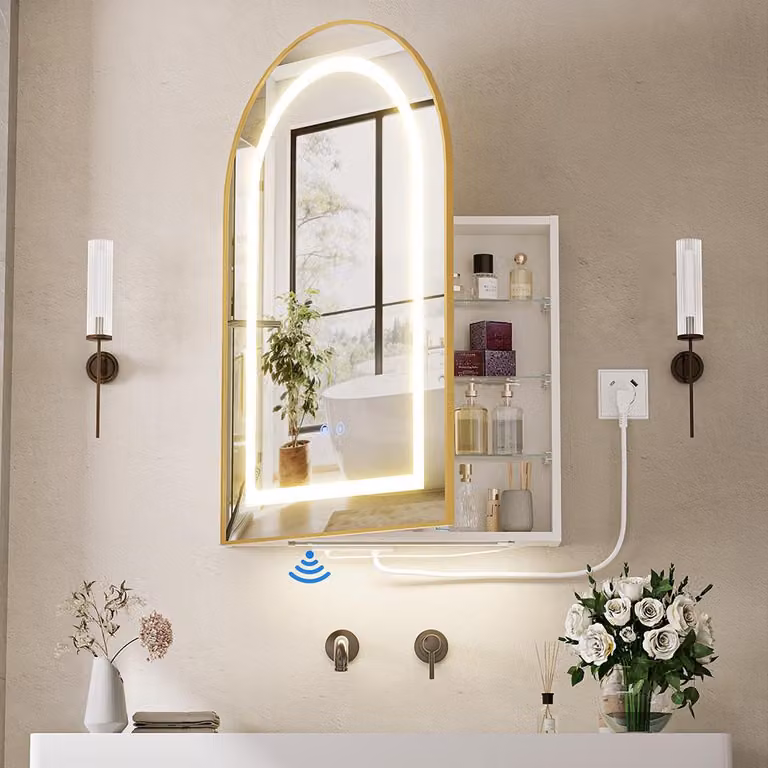 Specchio da bagno con armadietto a LED - 60x16x90 cm - Bianco - Illuminazione a 3 colori - Struttura in legno