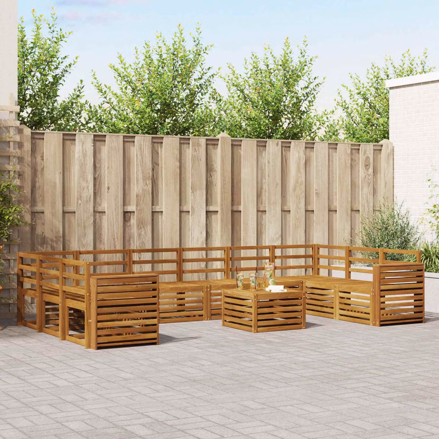 vidaXL Set di divani da esterno a L in legno di acacia marrone con 11 pezzi e cuscini inclusi