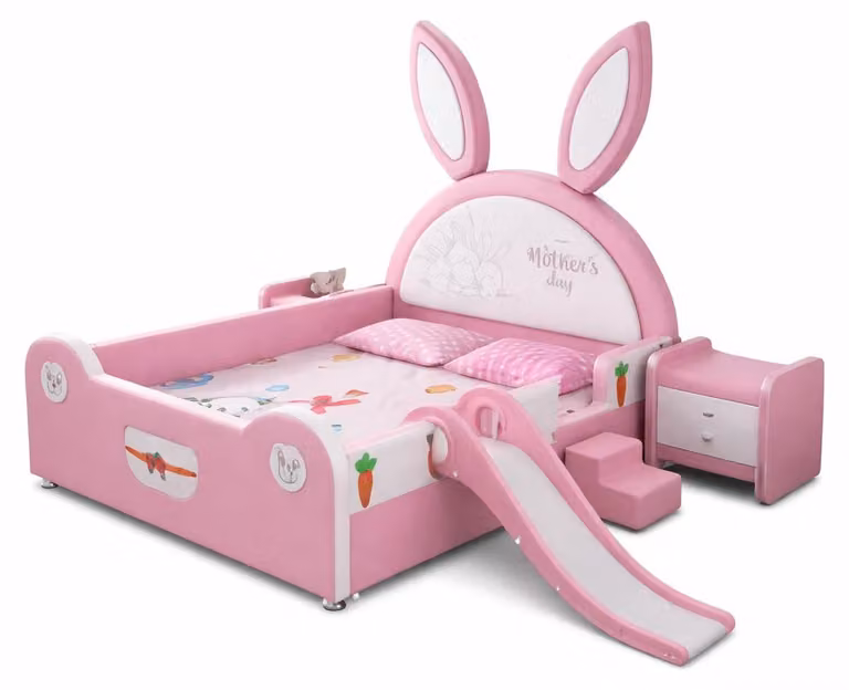 Letto per bambini Rosa Kinderbett a forma di coniglietto, con scivolo e scaletta, ideale per bambine