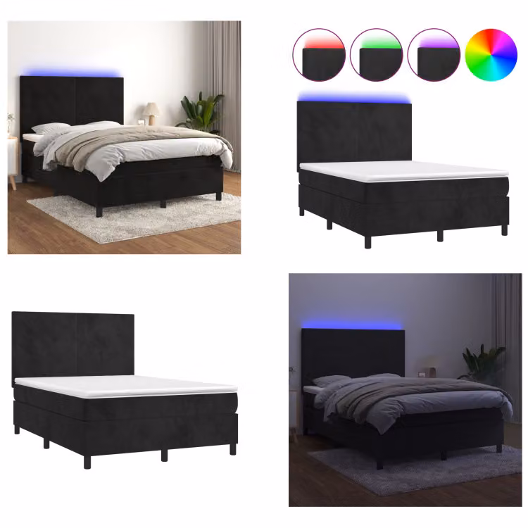 vidaXL Letto a molle con materasso e LED nero 140x200 cm in velluto - Letto a molle - Boxspringbetten - Bett - Betten