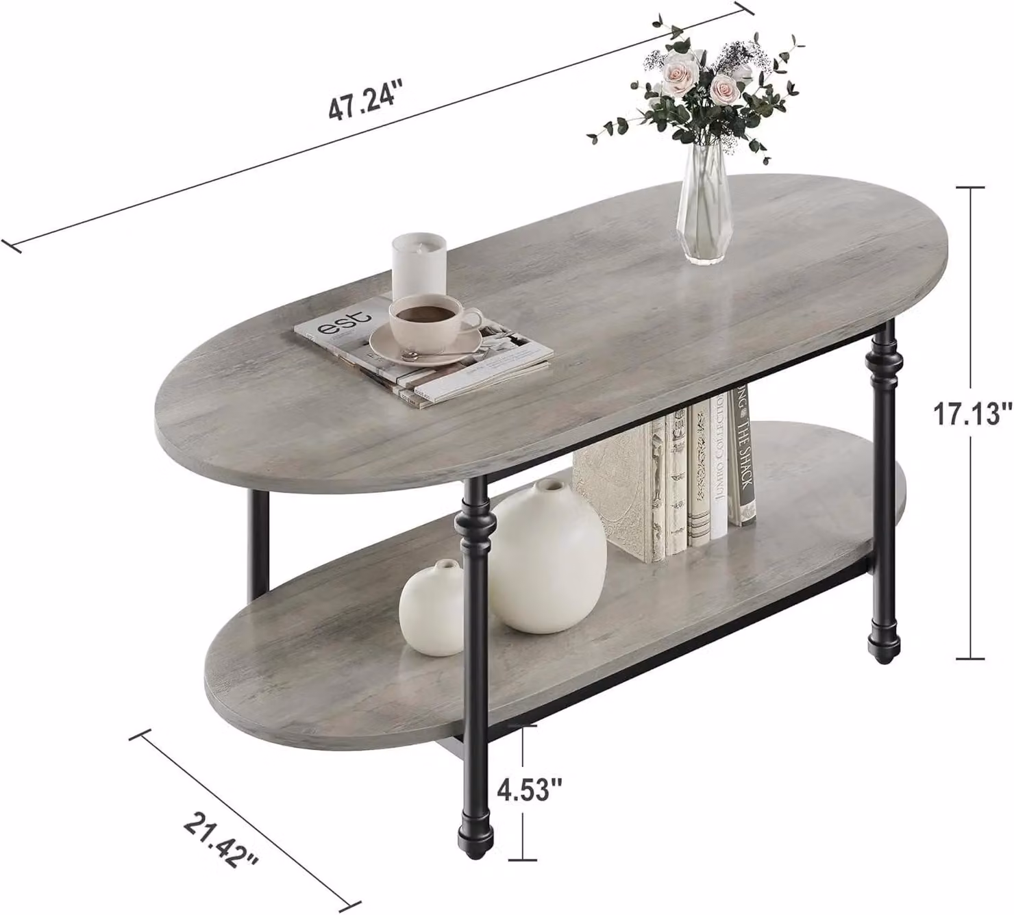 Tavolino ovale – Tavolino basso a 2 ripiani – Lunghezza 120 cm – Design salvaspazio – Struttura in legno – Grigio