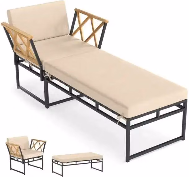 Set Mobili da Giardino 2 Pezzi con Poltrona e Pouf Panca in Metallo e Legno di Acacia Cuscini Marrone per Patio Terrazzo