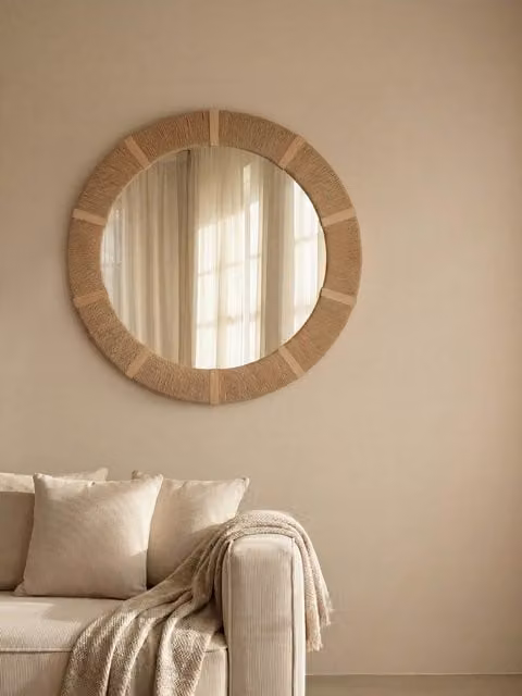 Specchio rotondo in rattan Kenay Home, marrone e beige, Diametro: 90 cm